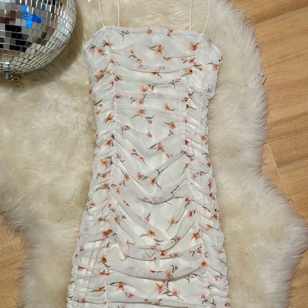 Floral Ruched White Dress